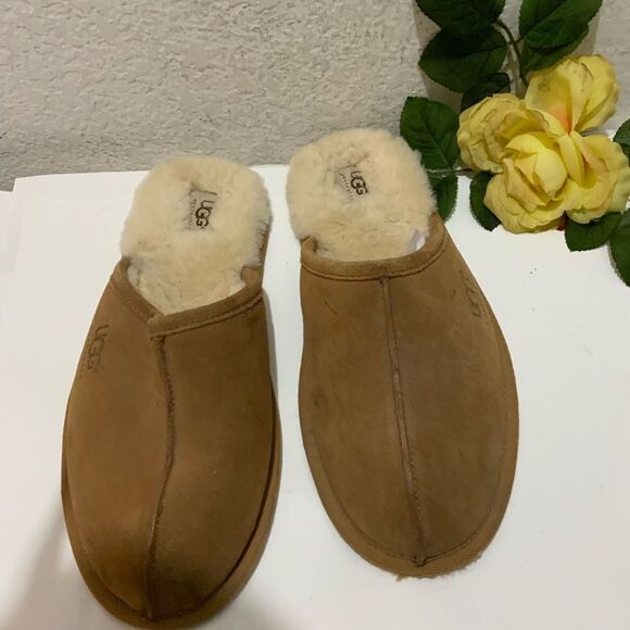UGG Authentic Mens Scuff Leather Cozy Slippers Shoes Tan 5172 size9 - Picture 3 of 9
